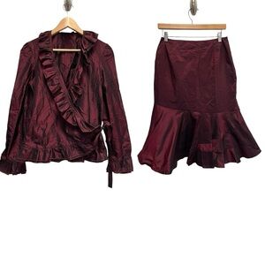 Renato Nucci Silk Taffeta Riffle Wrap Top 42 Skirt 40 US 6/8 Claret Wine NWT New